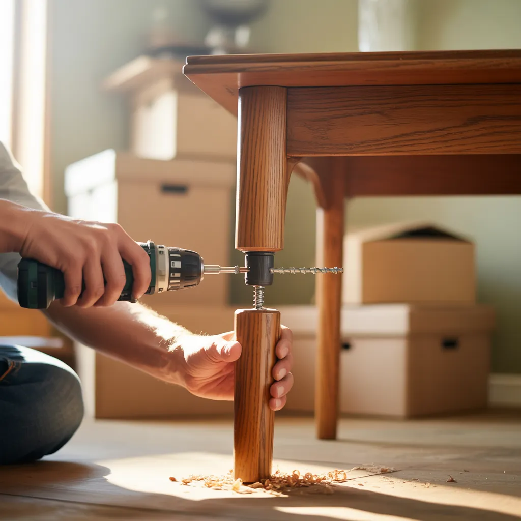 Person using a cordless drill to remove a leg from a wooden table with moving boxes in the background