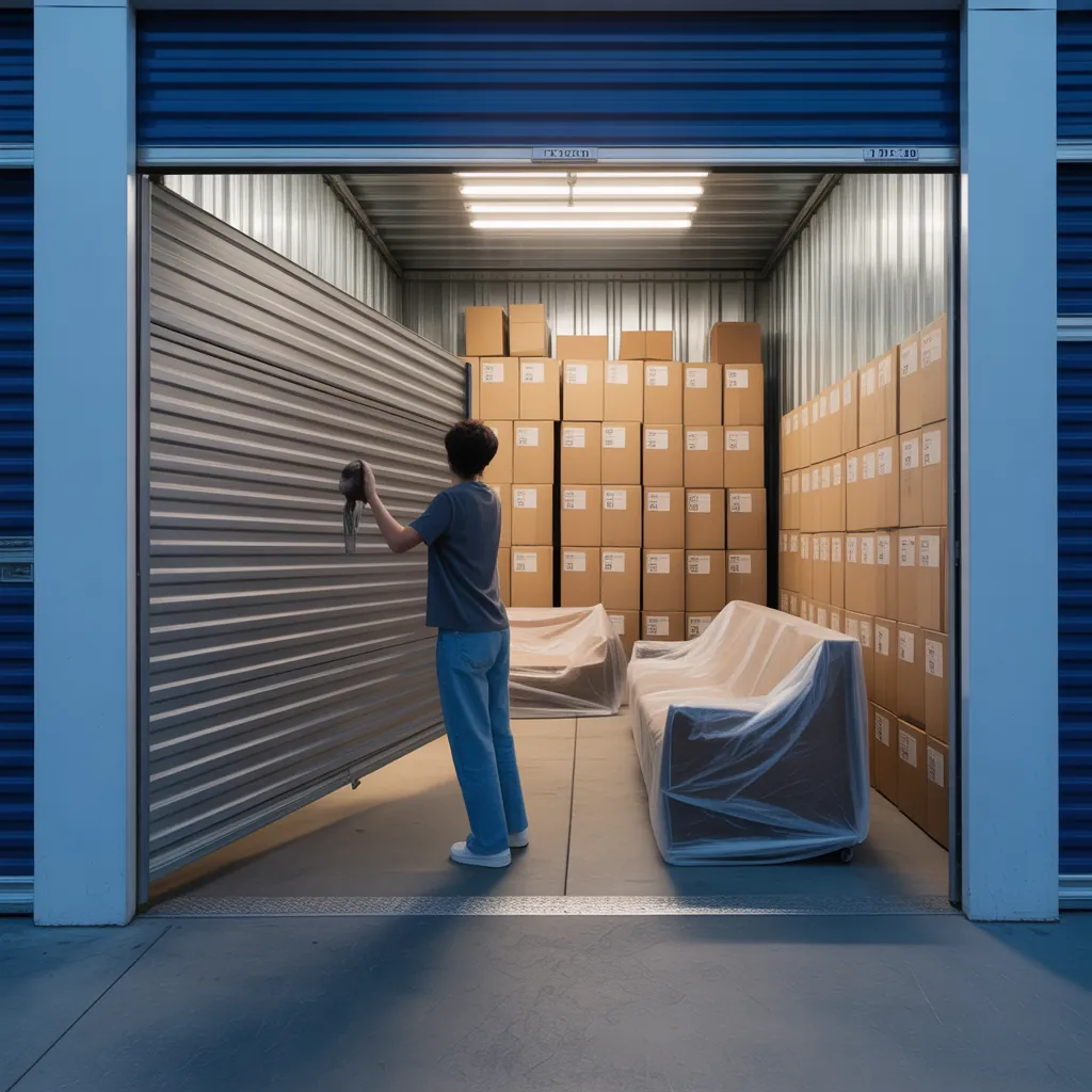 Person opening a storage unit roll-up door revealing neatly organized boxes and covered furniture inside