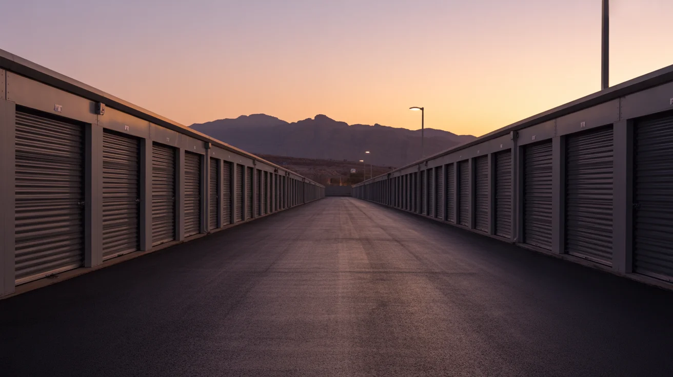 Paved drive lane between rows of drive-up storage units at SJ Storage at dusk with pole lighting