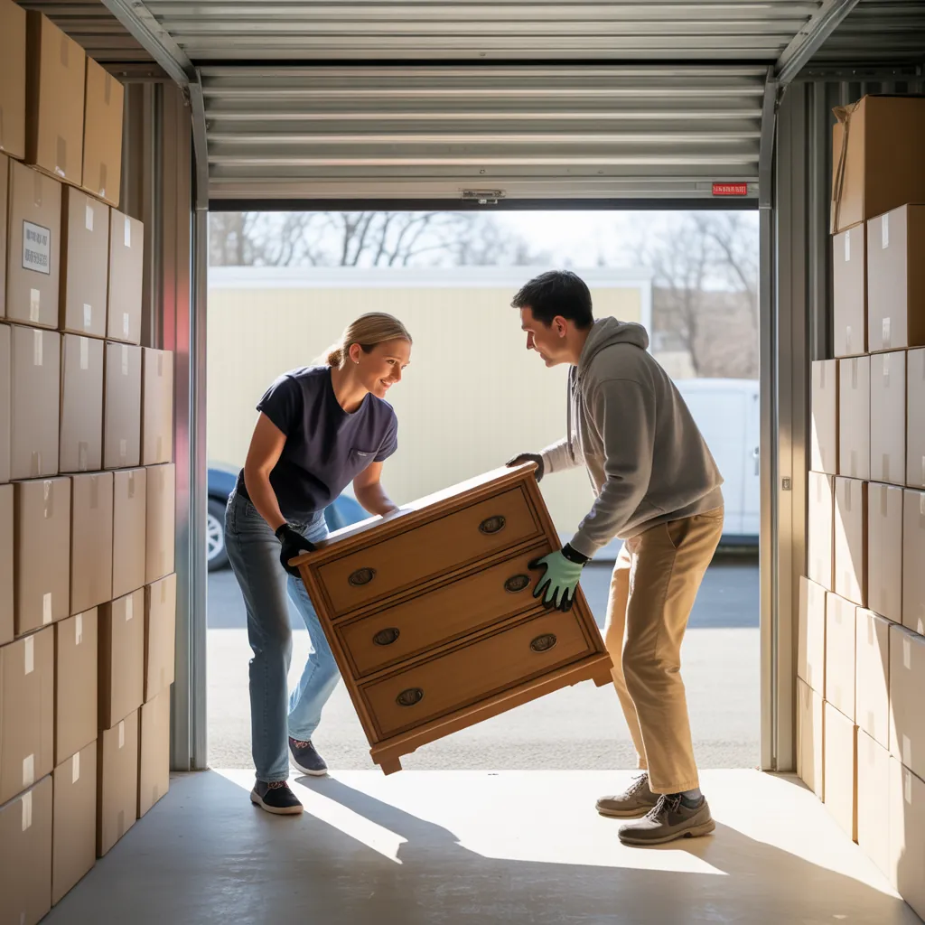 Two people carrying a wooden dresser through a storage unit doorway with stacked boxes inside