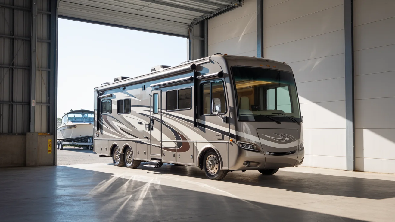 A Class A RV parked inside a spacious powered indoor storage unit at SJ Storage
