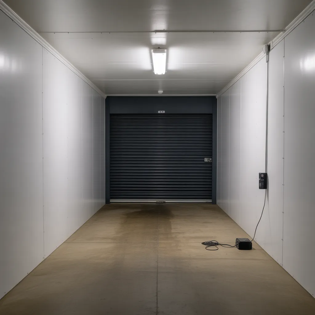 Inside a storage unit with overhead fluorescent light and power outlet on the wall with a device plugged in