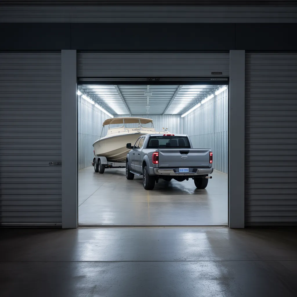 Pickup truck and boat on a trailer parked inside a large indoor storage unit with overhead lighting